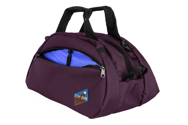 The Old School Carry All in Aubergine 630 Ballistic with Selkie (purplish-blue with white grid) 200 Halcyon interior.